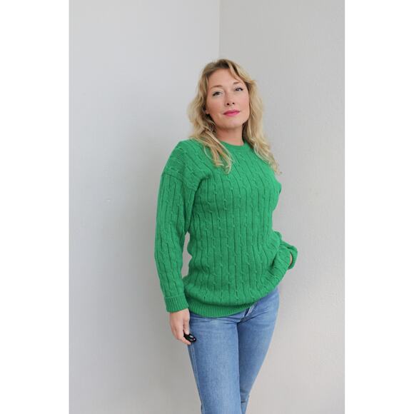 1980's Vintage Kelly Green Preppy Cable Knit Sweater ~ Women's MD L ~ Men's MD - Picture 2 of 7